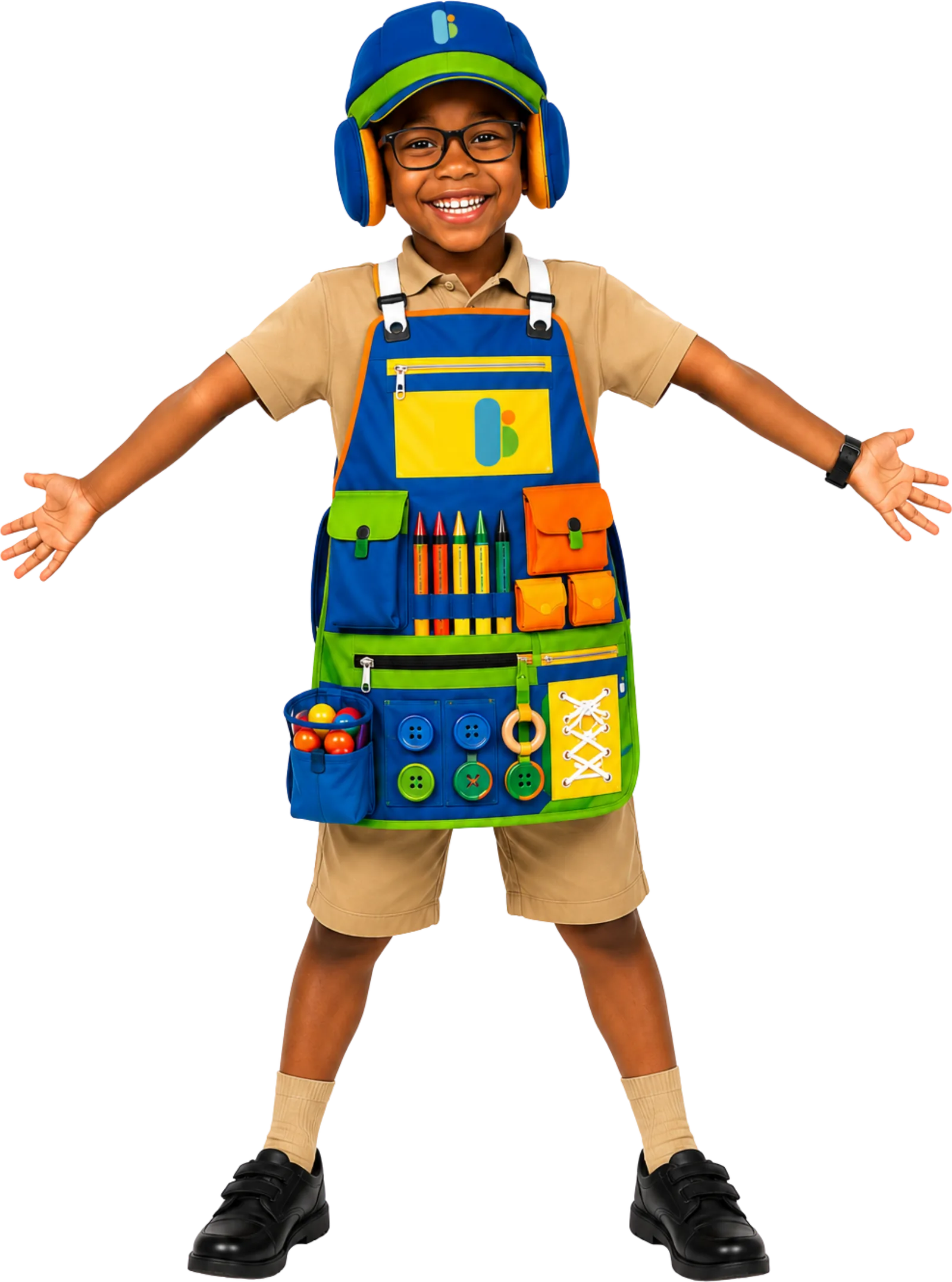 Un enfant porte le casque antibruit et le tablier sensoriel BOKONZI