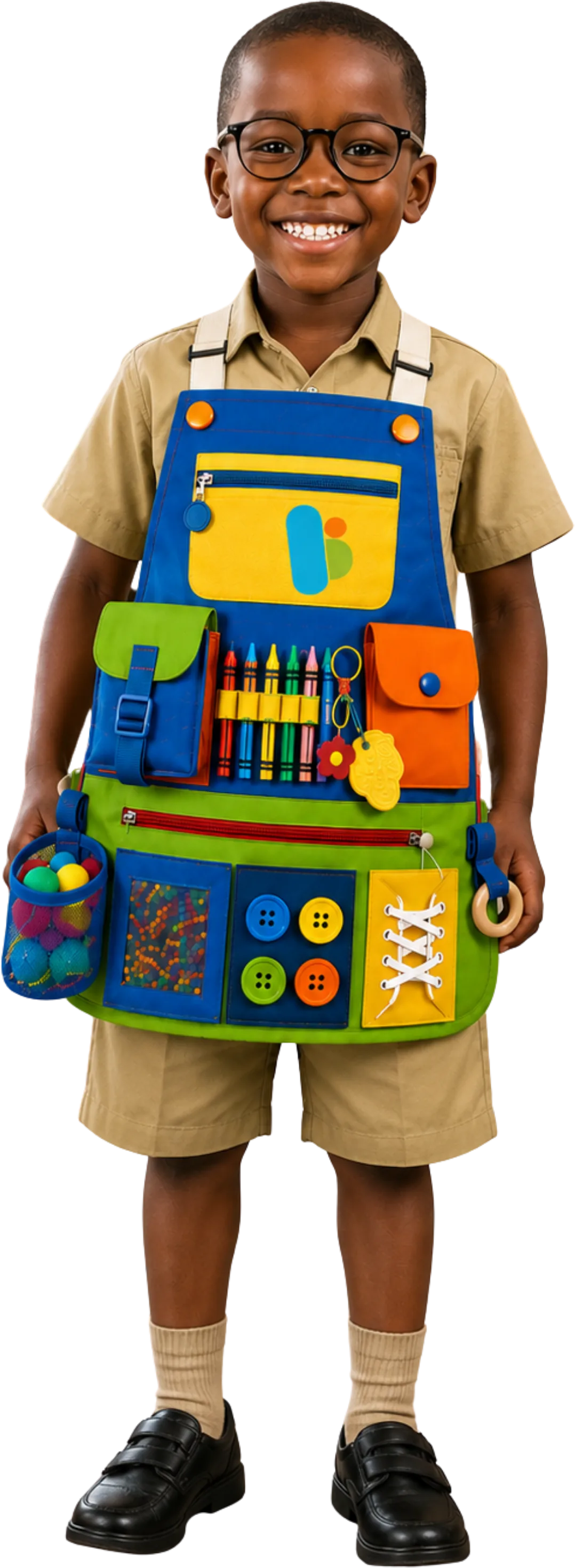 Un enfant sourit, vêtu du tablier sensoriel BOKONZI